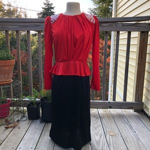 Vintage 80’s red and black sparkle glam rock David Bowie secretary dress